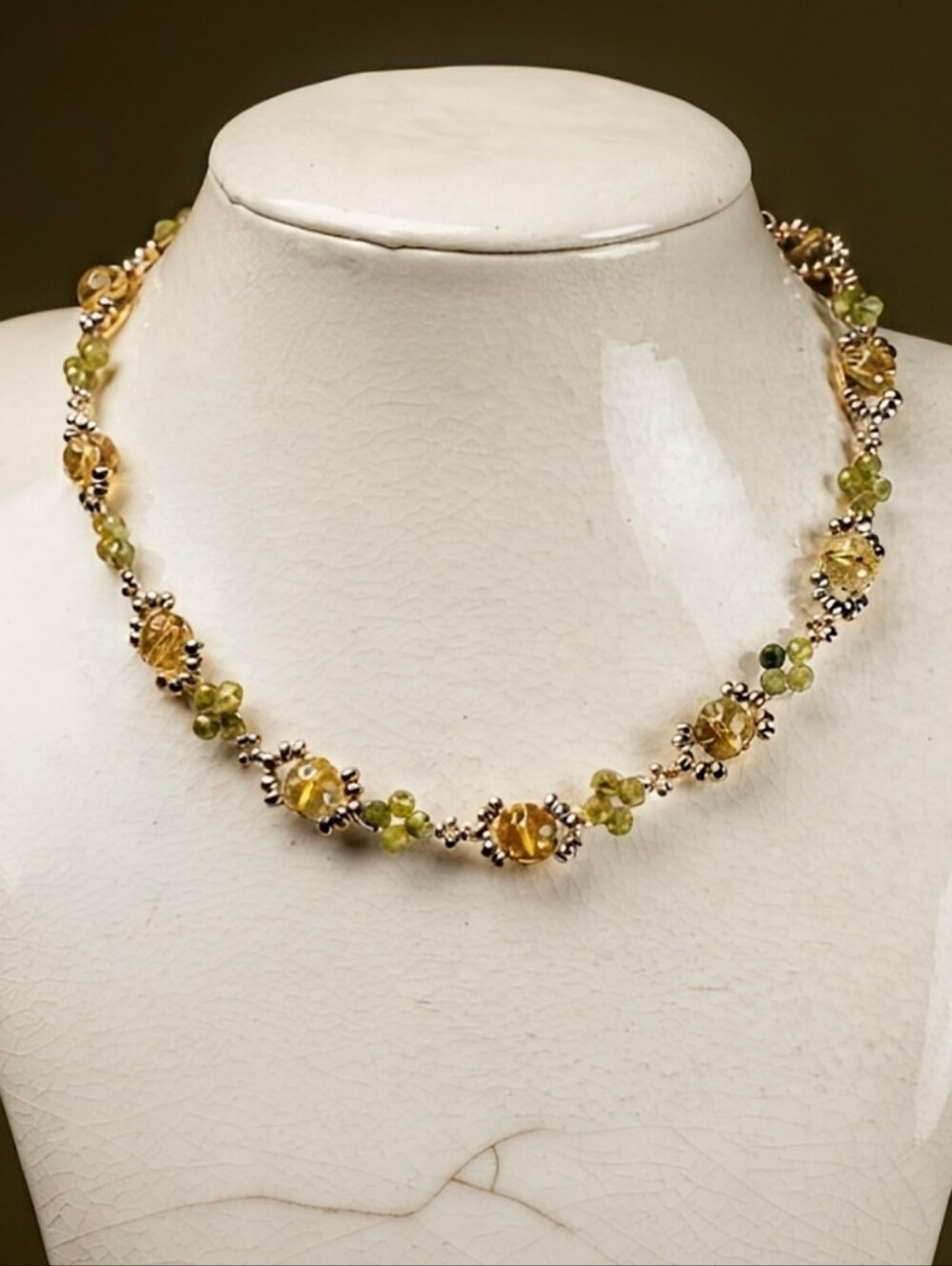 Handmade Natural Peridot Necklace In Unique Artisan Bead Gold Statement Choker